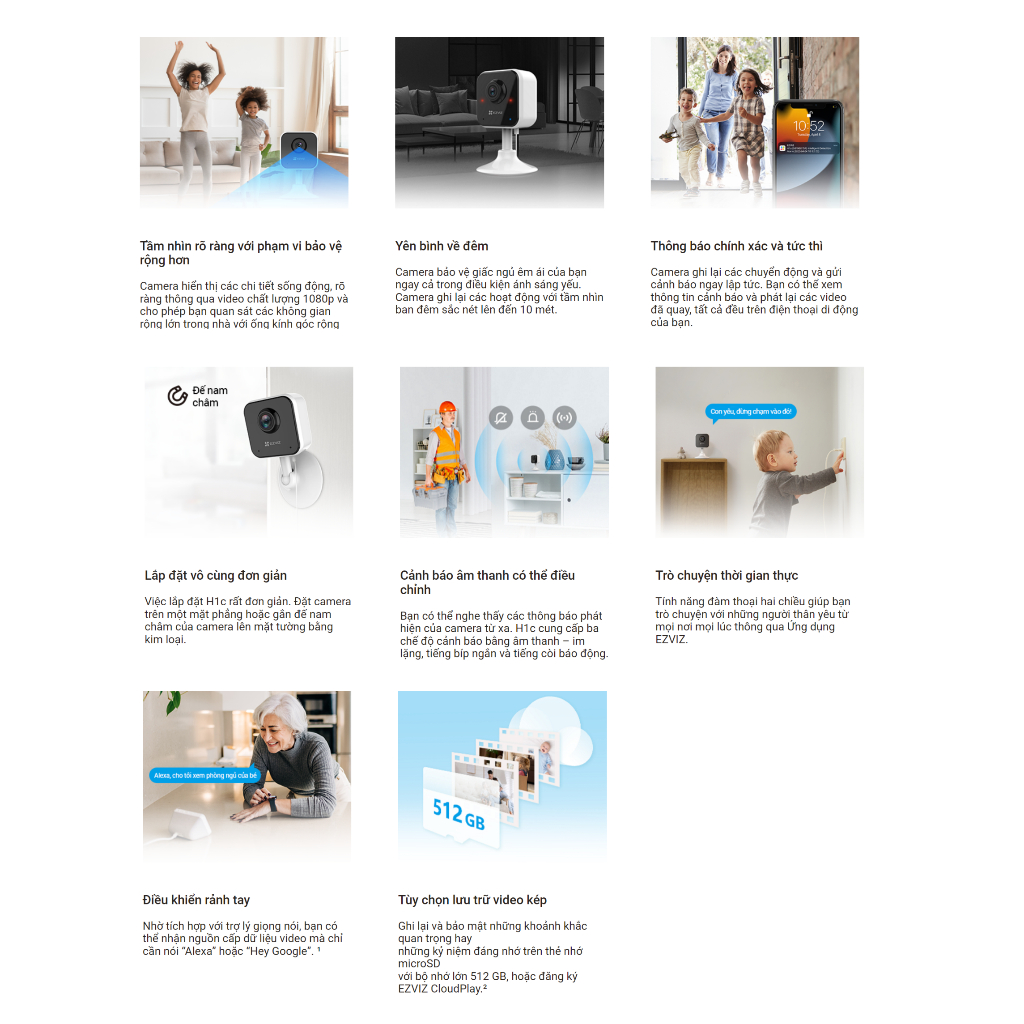 Camera WiFi Ezviz H1C FullHD, Quan Sát Thông Minh, Báo Động Đàm Thoại 2 Chều - Chính Hãng