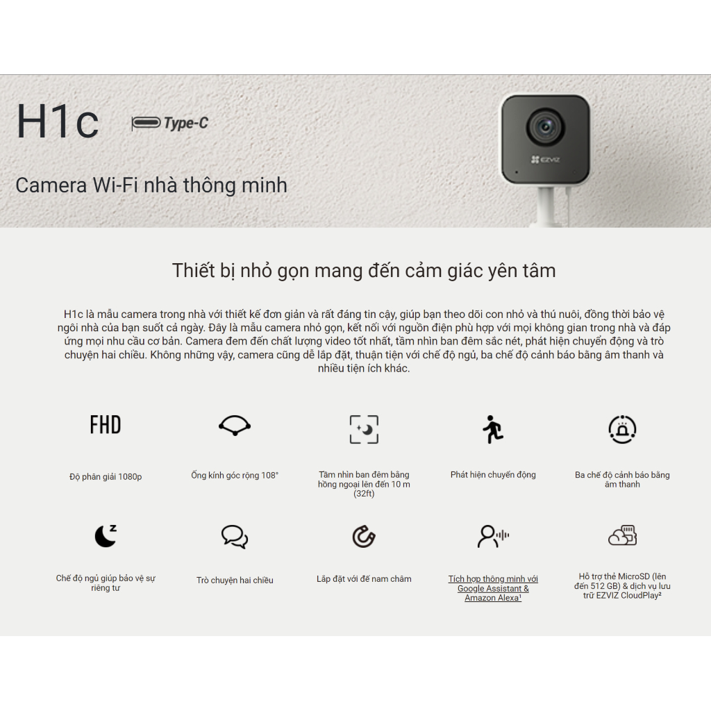 Camera WiFi Ezviz H1C FullHD, Quan Sát Thông Minh, Báo Động Đàm Thoại 2 Chều - Chính Hãng