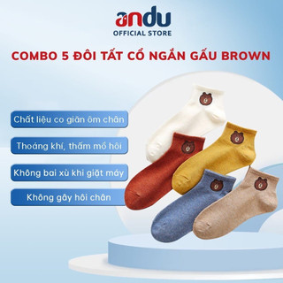 Combo 5 Đôi Tất Gấu Cổ Ngắn Nam/Nữ Vớ Tất Cổ Thấp Brown Phong Cách Vintage Hàn Quốc Siêu Cute
