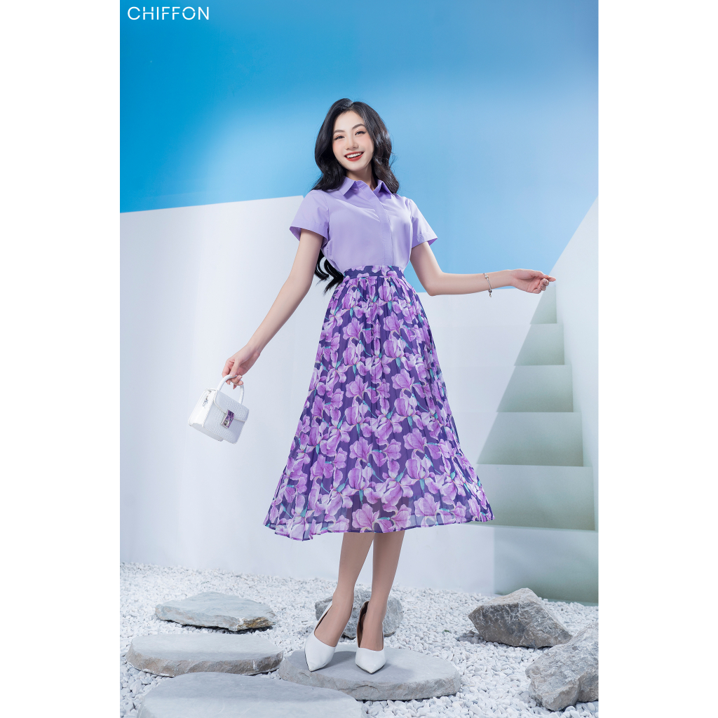 Chân váy dập ly tơ hoa diên vỹ Chiffon