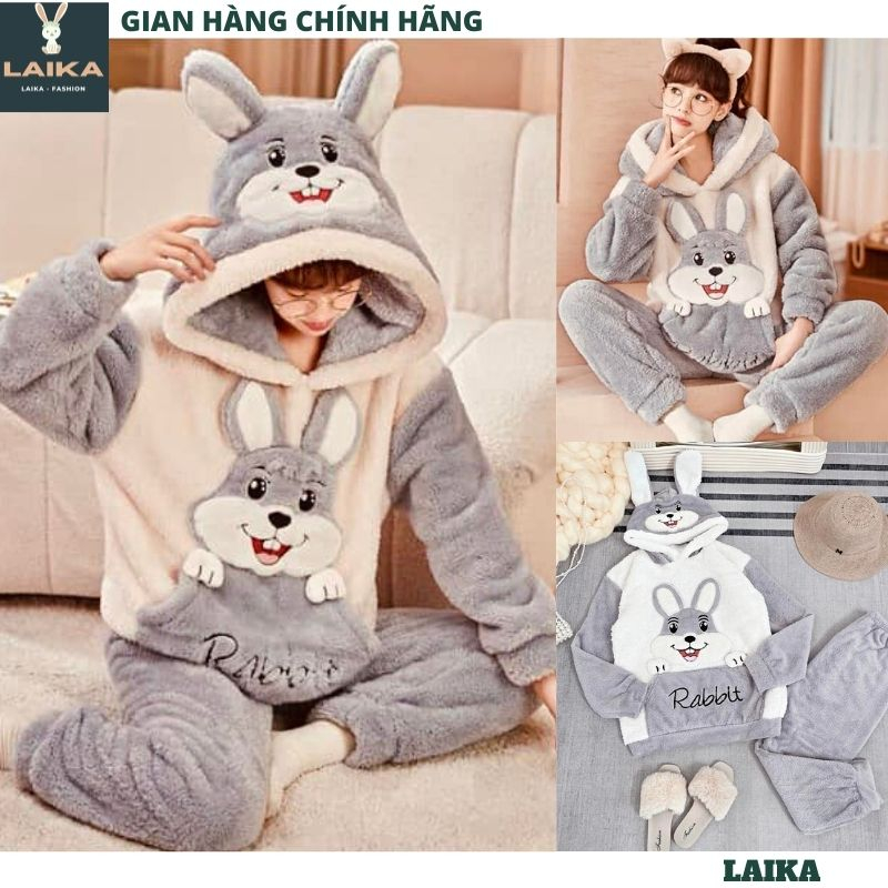 Set đồ mặc nhà nữ chất lông mềm mịn hình thỏ xám có mũ - Bộ quàn áo dài pyjama siêu ấm áp - LAIKA BL52