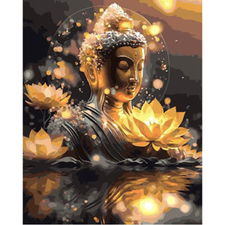 [Sẵn] Tranh sơn dầu số hóa DIY đã căng khung khổ 40x50cm - Tranh Phật sen vàng