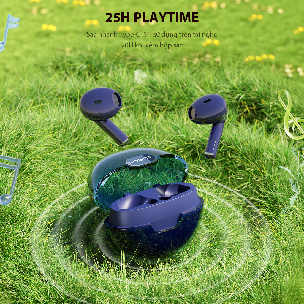 Tai Nghe Bluetooth ROBOT Flybuds T20 Dark Blue, TWS Playtime 25H, Chống Nước IPX4 - Hàng Chính Hãng