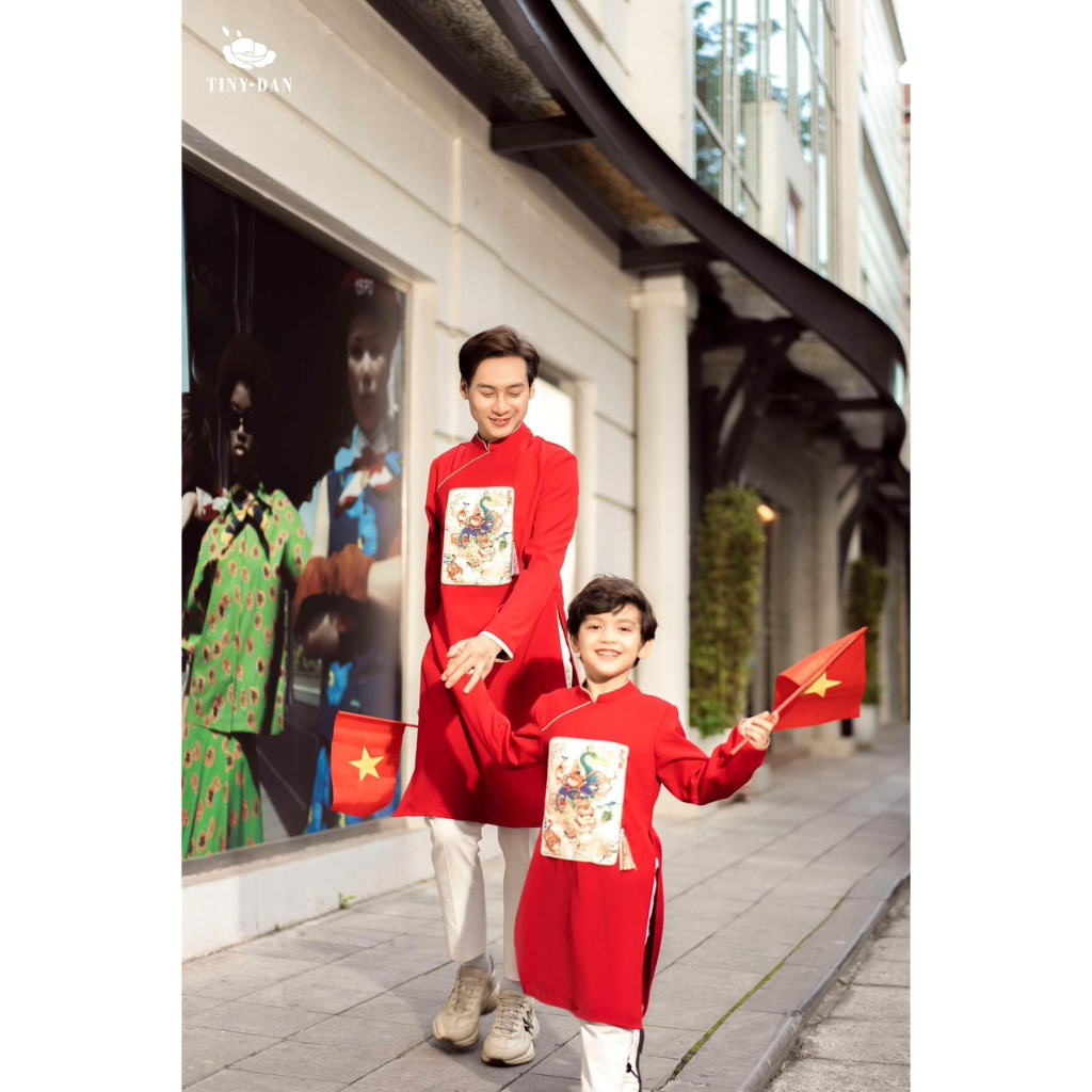 Áo dài cách tân gia đình màu đỏ chất tafta cao cấp - AN27