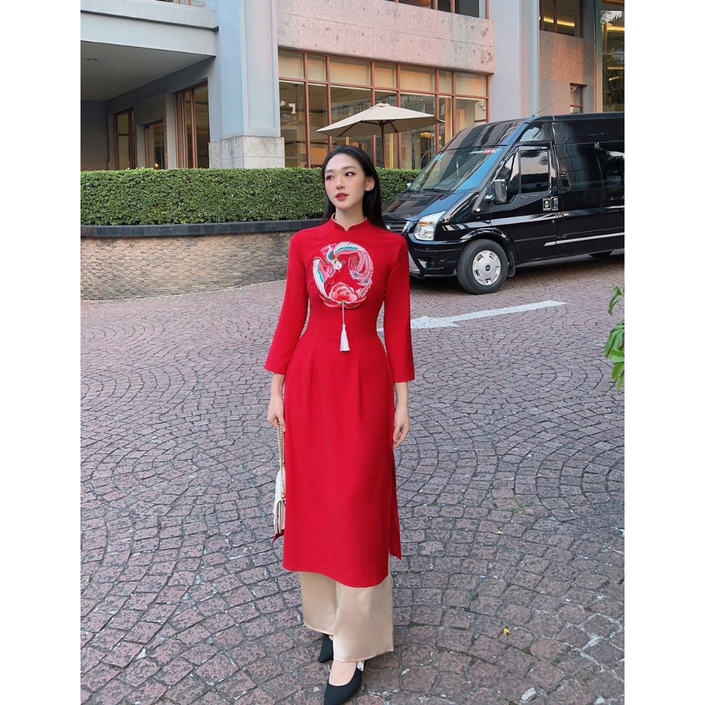 Áo dài cách tân gia đình màu đỏ chất tafta cao cấp - AN27