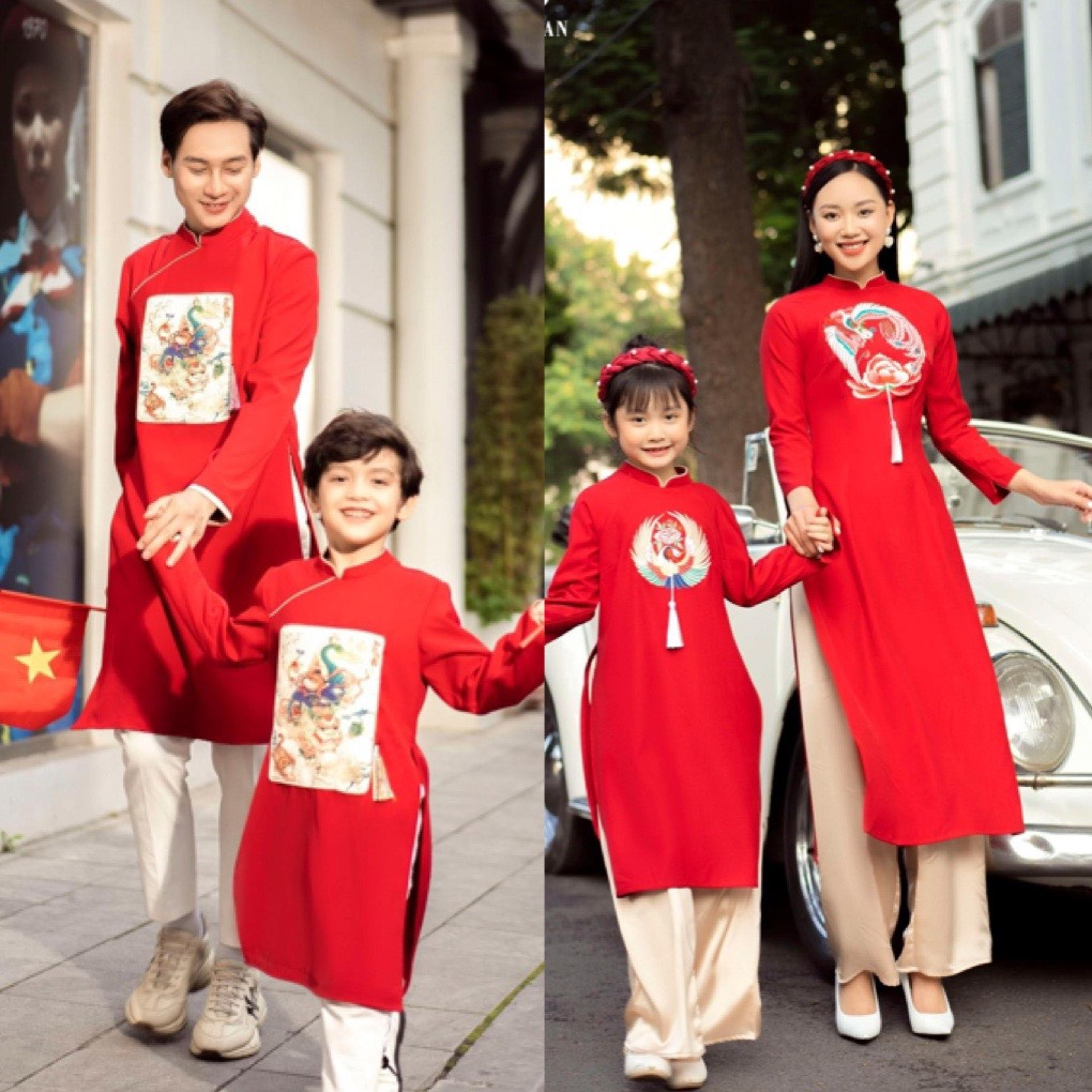 Áo dài cách tân gia đình màu đỏ chất tafta cao cấp - AN27