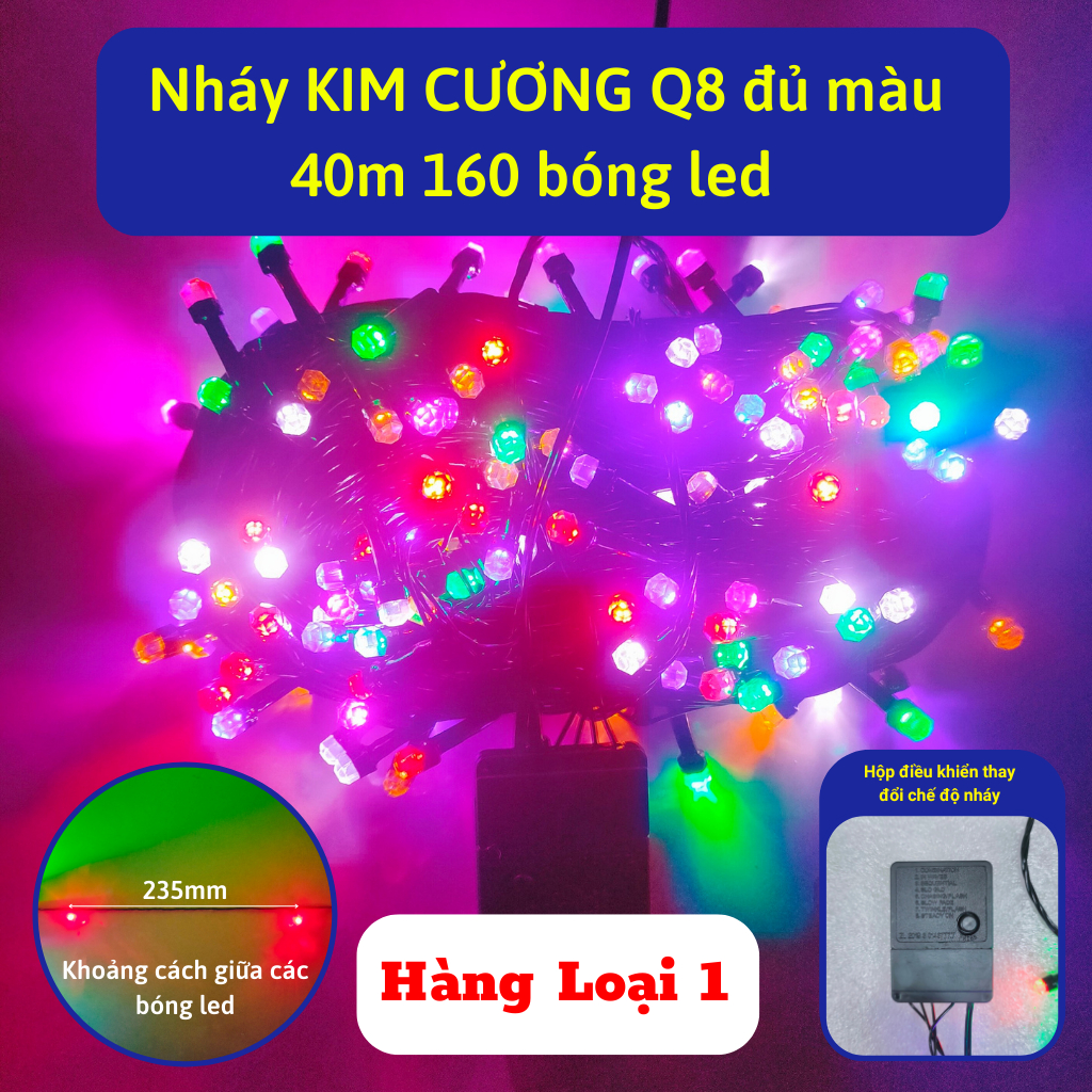 Dây đèn led nháy kim cương Q8 cao cấp 10m,20m,40m,50m bóng led to,có hộp điều khiển nhiều chế độ nháy trang đào quất