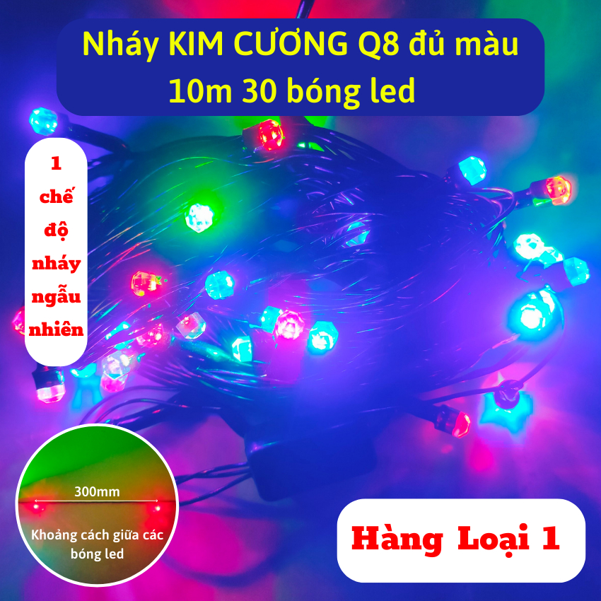 Dây đèn led nháy kim cương Q8 cao cấp 10m,20m,40m,50m bóng led to,có hộp điều khiển nhiều chế độ nháy trang đào quất