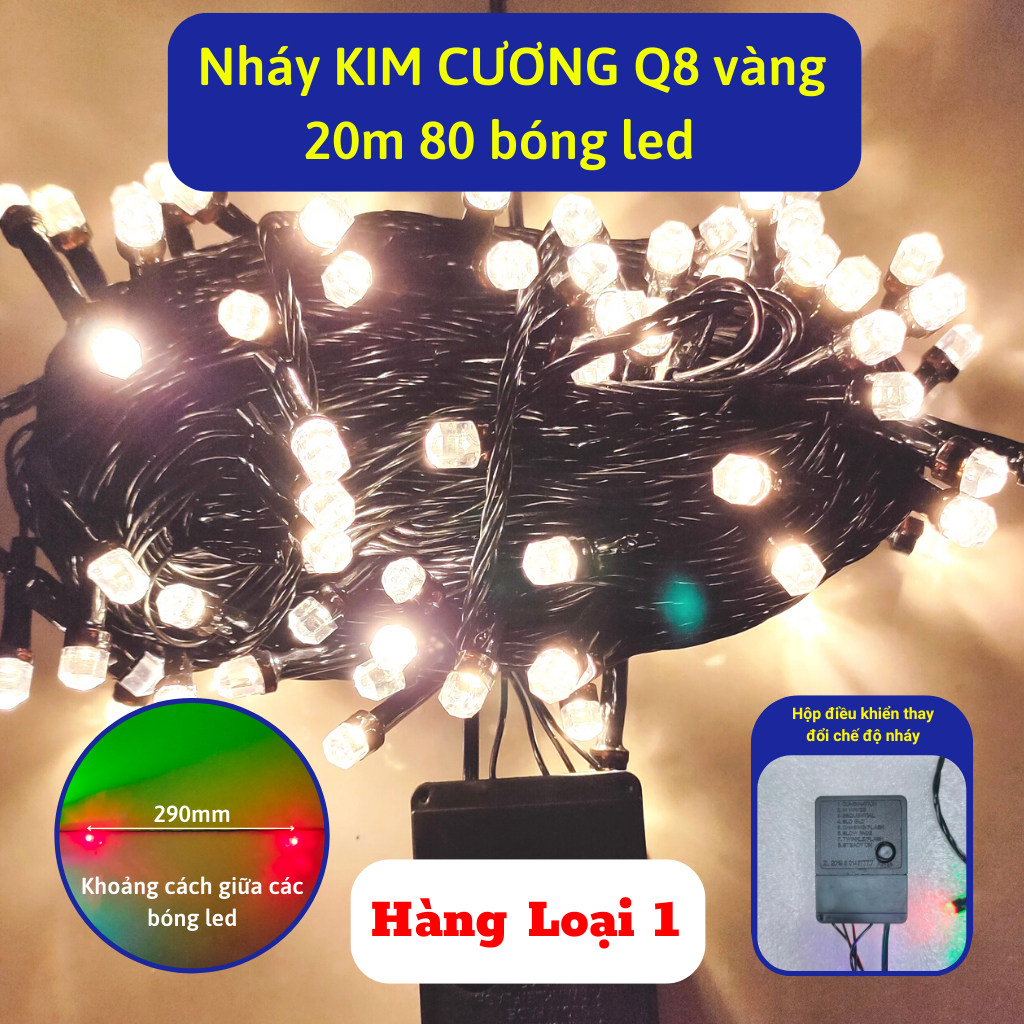 Dây đèn led nháy kim cương Q8 cao cấp 10m,20m,40m,50m bóng led to,có hộp điều khiển nhiều chế độ nháy trang đào quất