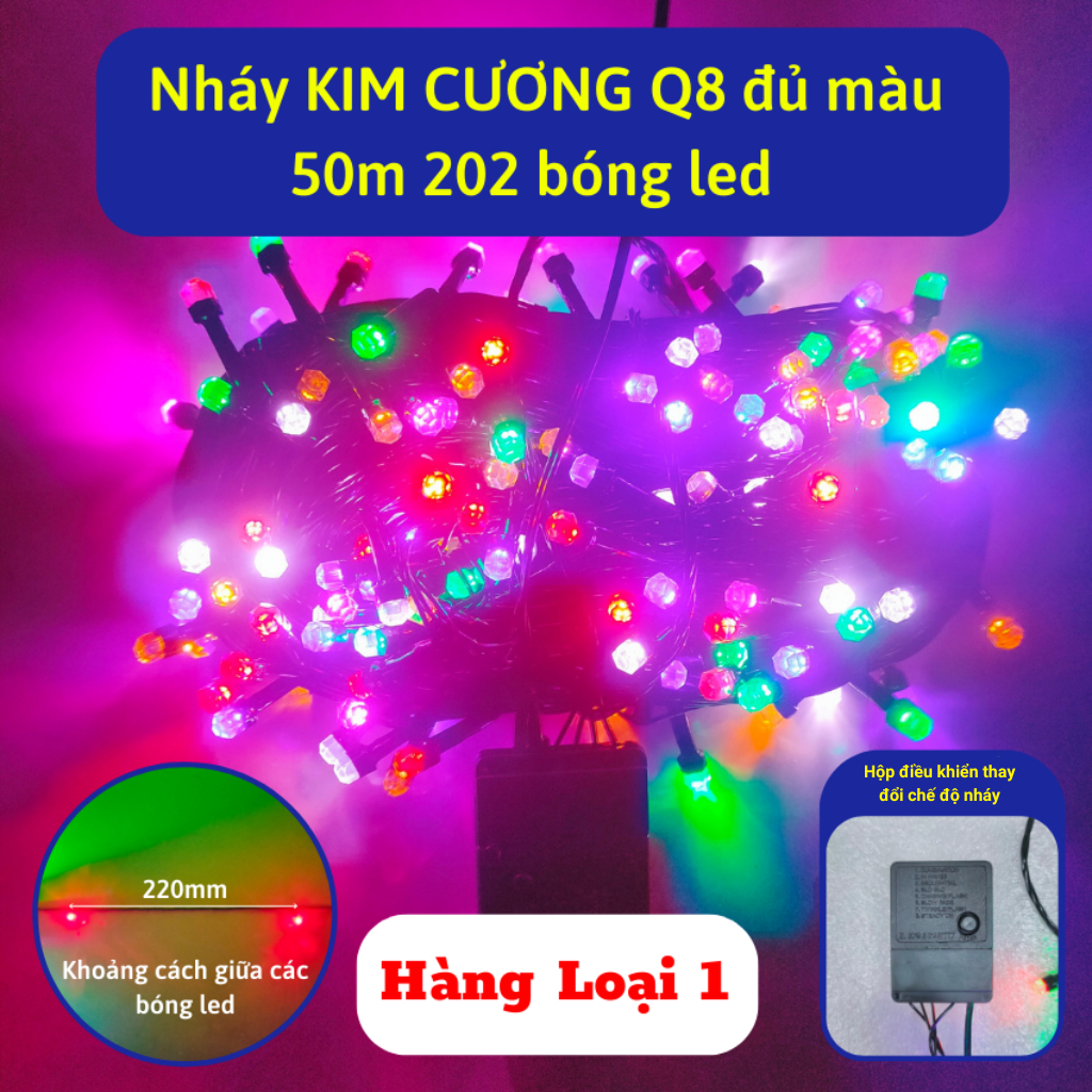 Dây đèn led nháy kim cương Q8 cao cấp 10m,20m,40m,50m bóng led to,có hộp điều khiển nhiều chế độ nháy trang đào quất
