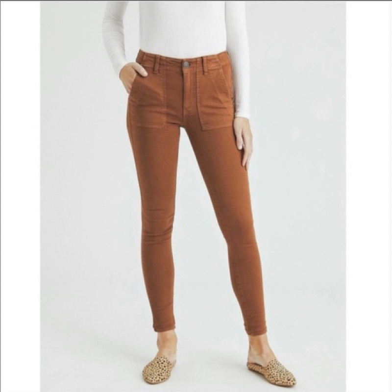 Quần Jeans Bò Nữ Lưng Cao Dáng Ôm Skinny Túi Vuông Cargo AMERICAN EAGLE Hàng Xuất Xịn Cao Cấp Chất Dày Mịn Caramel