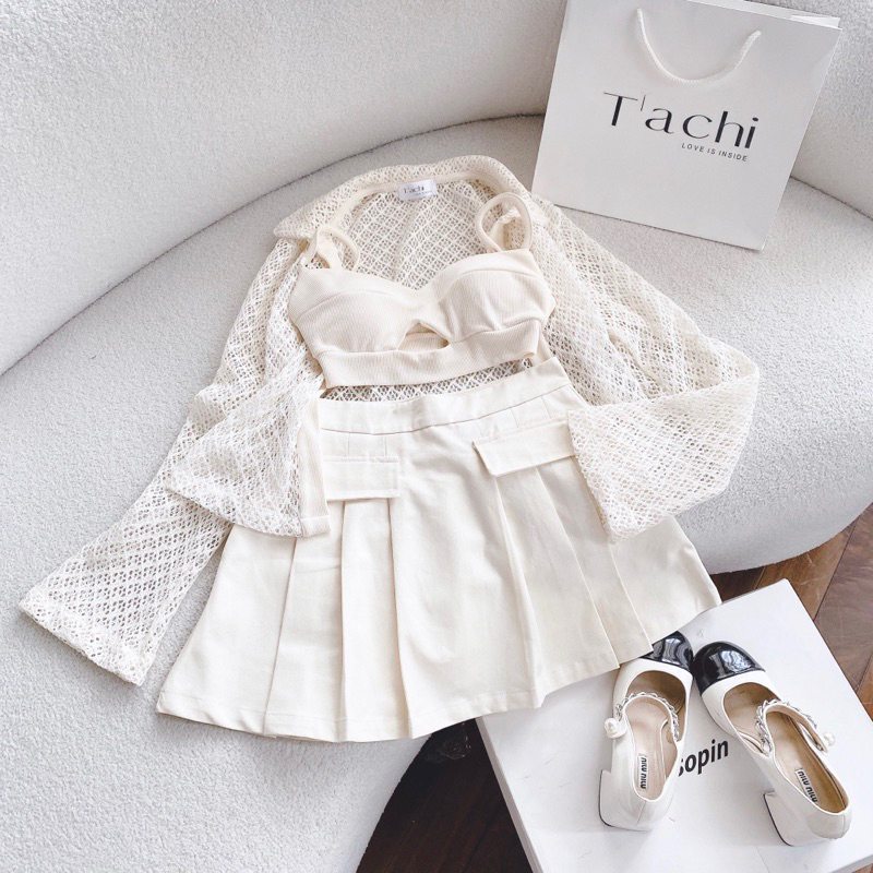 SET 3 MÓN NUDE: KHOÁC REN LỖ KÈM BRA + CHÂN VÁY XẾP LY