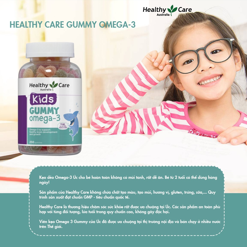 Kẹo dẻo bổ mắt Healthy Care Kids Gummy Omega 3 phát triển trí não cho trẻ từ 2 tuổi 250 viên