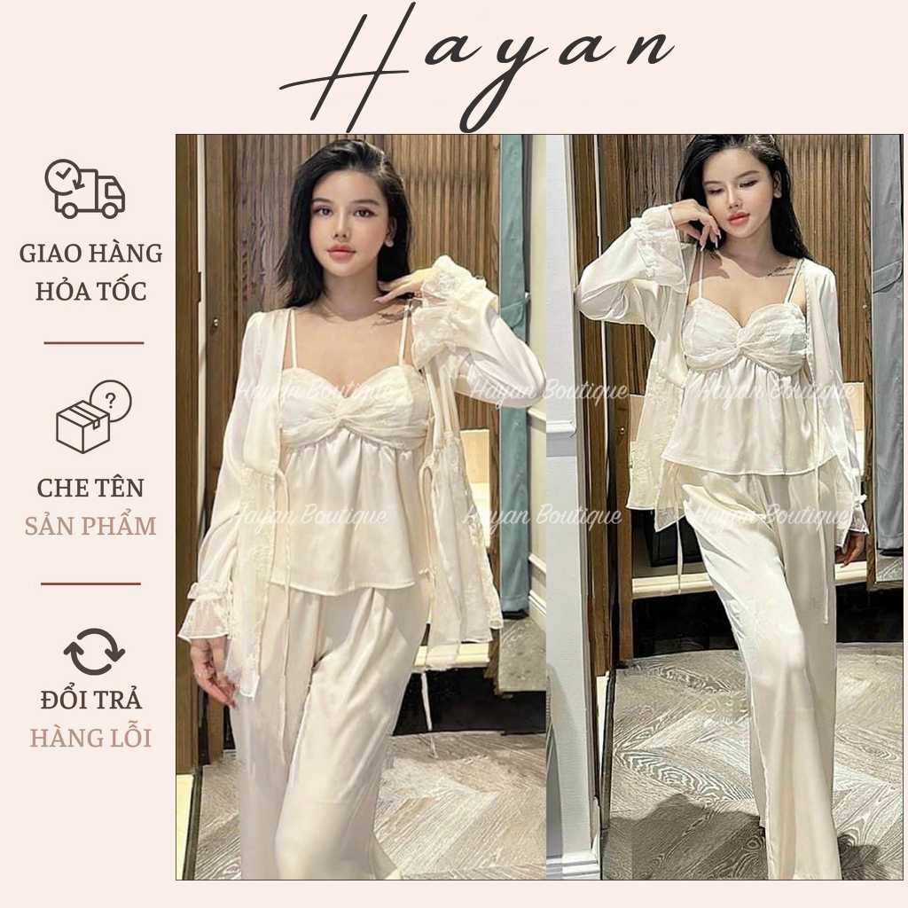 HT351 Bộ ngủ 3 món phối ren hách dáng, set đồ ngủ lụa dáng dài sexy sang chảnh HT351