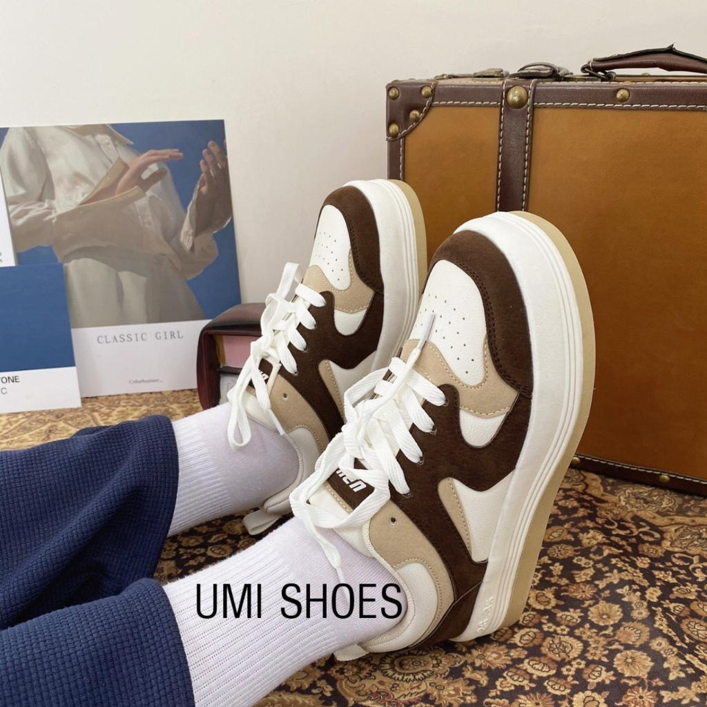 Giày thể thao nữ Ulzzang Eyty nâng độn đế cao 5cm răng cưa to mềm thoáng cá tính năng động màu đen trơn/kem