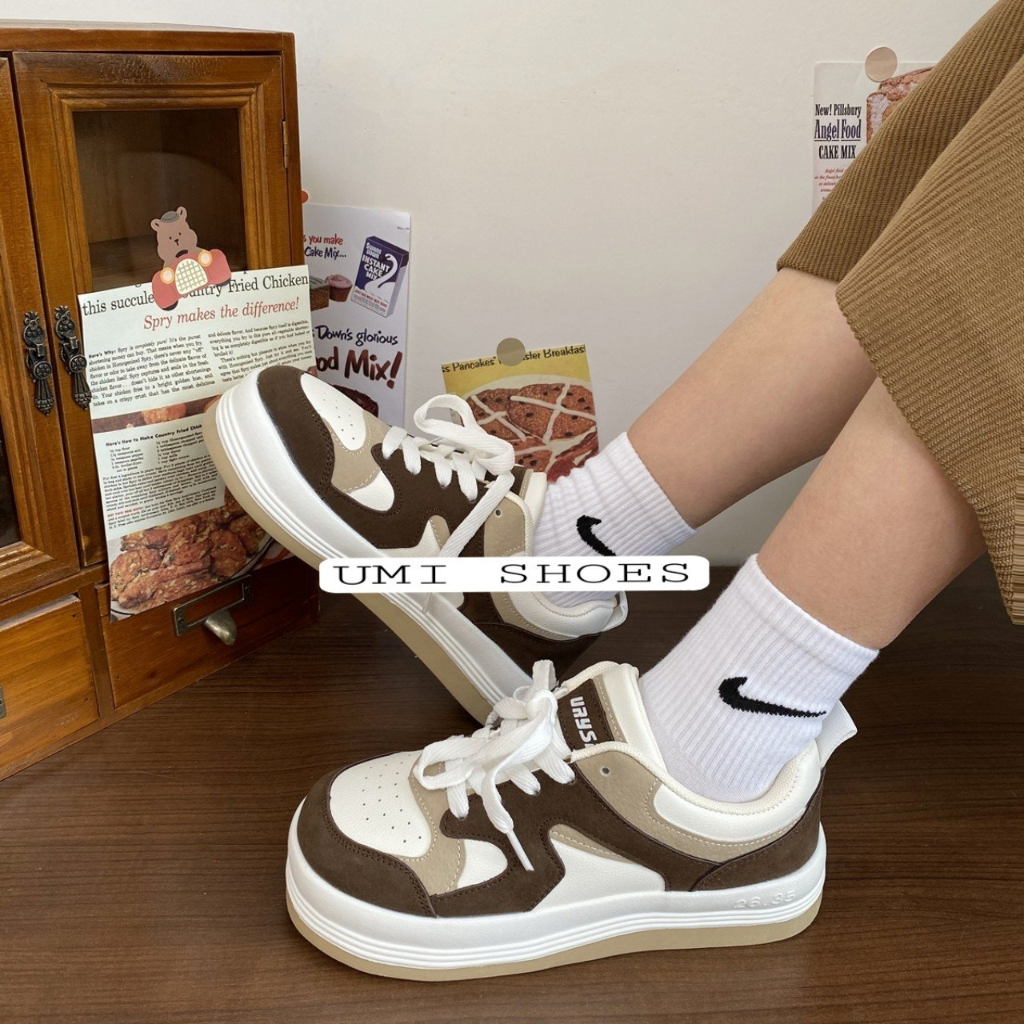 Giày thể thao nữ Ulzzang Eyty nâng độn đế cao 5cm răng cưa to mềm thoáng cá tính năng động màu đen trơn/kem