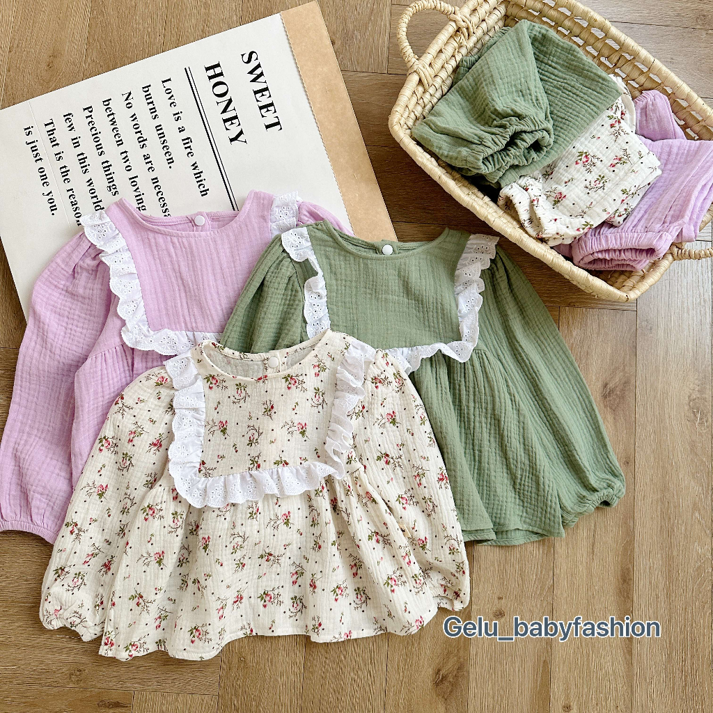 Bộ quần áo dài tay cho bé gái mùa thu đông GELU KIDS, set đồ xô musslin 2 lớp cho trẻ mặc đi học, đi chơi, ở nhà B056