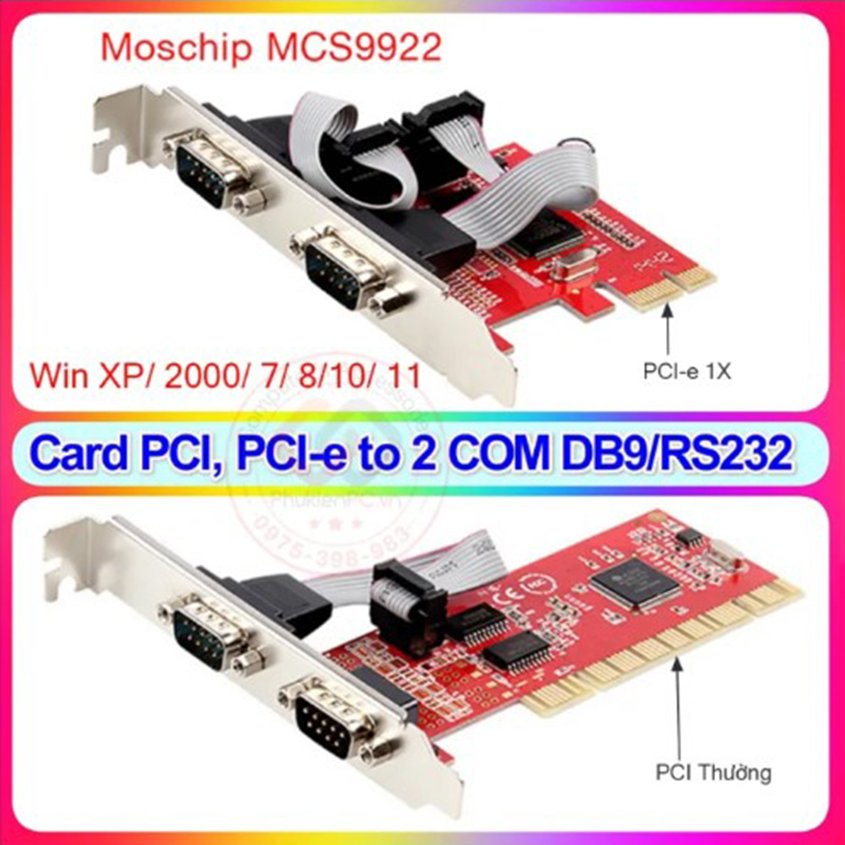 Card PCI to 2 COM DB9 RS232 chip MCS9865 PCI-e sang 2 COM DB9 chip MCS9922 hiệu UNITEK cho máy tính PC máy lập trình PLC