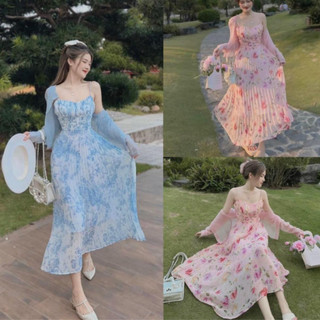 Đầm váy nữ maxi 2 dây voan hoa khoác tơ lụa kèm khoác, Set áo và chân váy nữ họa tiết hoa áo tay dài dài cột nơ cổ T1091