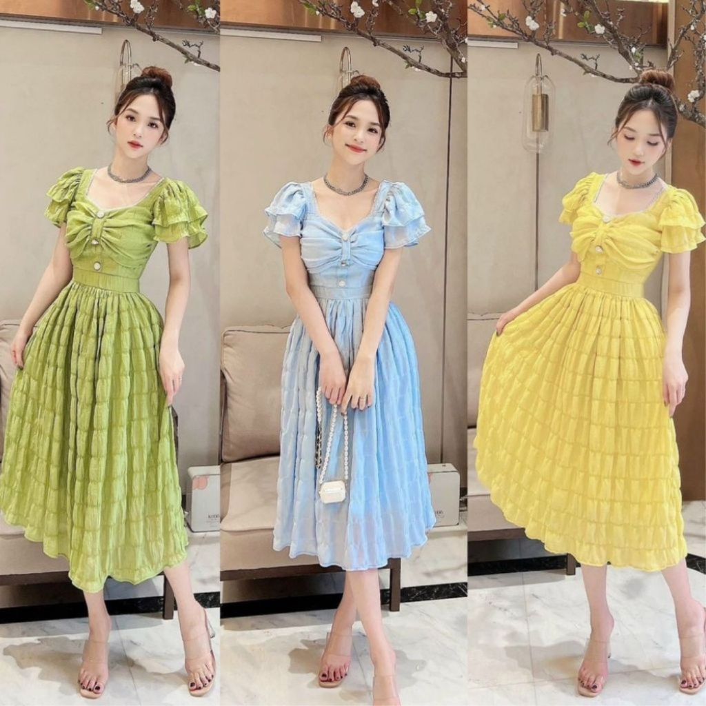 Đầm váy nữ maxi nhún ngực tay phồng dáng xòe xốp nhúng phối ren đính nút cho các nàng đi chơi, đi biển T766 - YADO