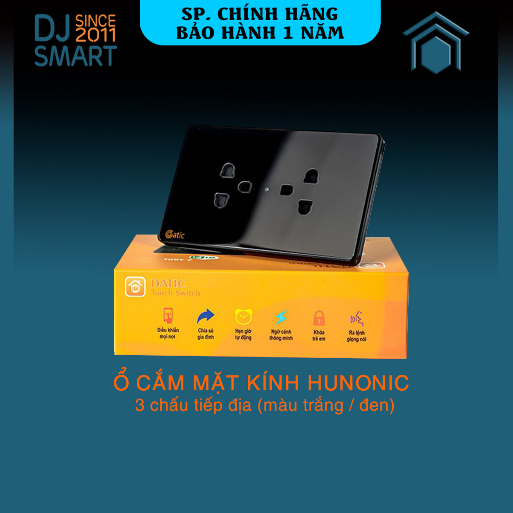 Ổ cắm HUNONIC Datic có tiếp địa 3 chấu mặt kính Đen/Trắng - Chính hãng