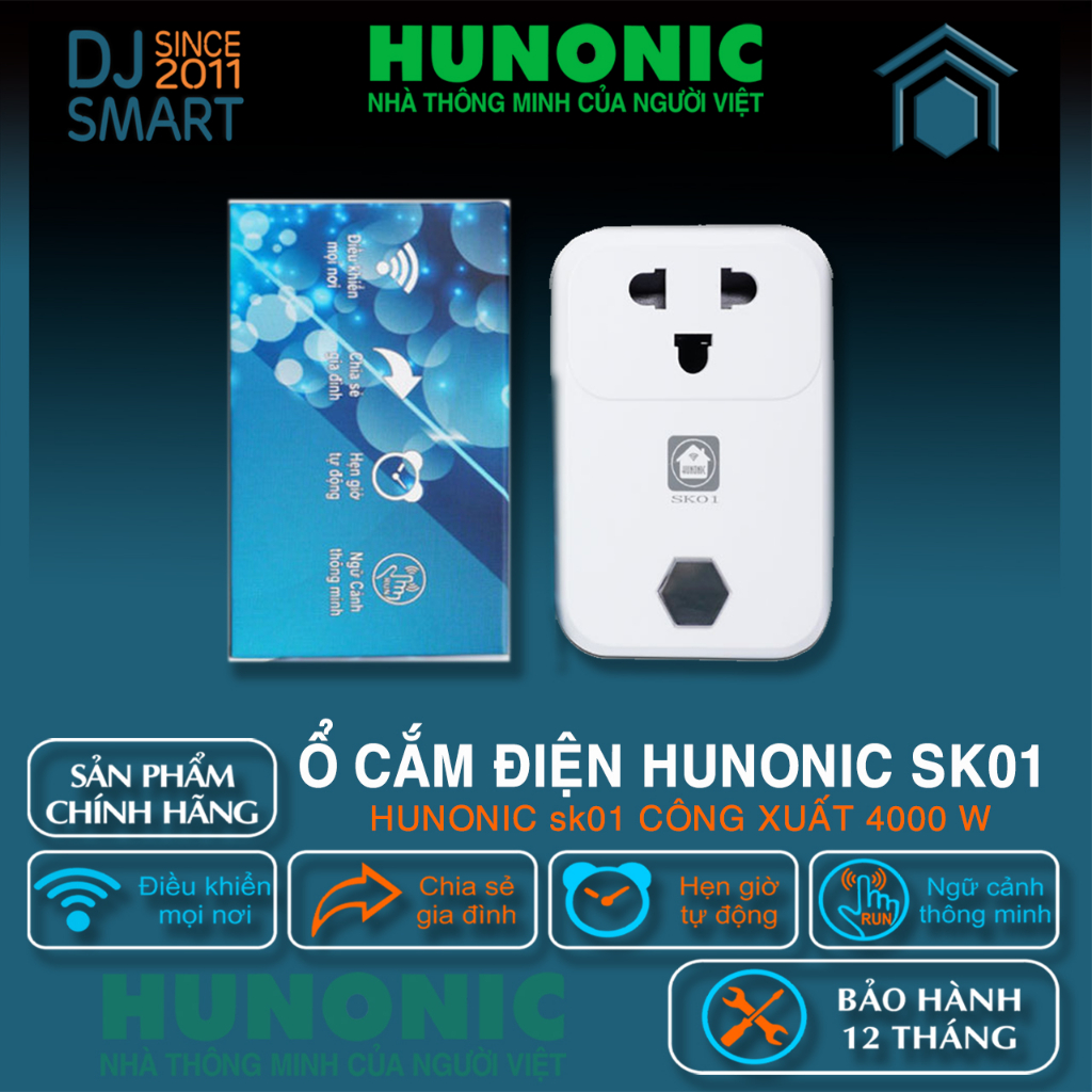 Ổ cắm điện wifi thông minh Hunonic SK01 điều khiển từ xa bằng điện thoại, hẹn giờ tự động, điều khiển qua giọng nói