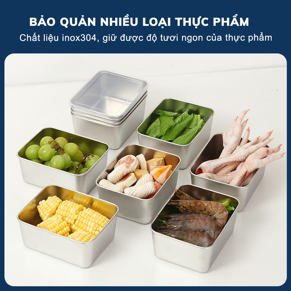 Set 5 Hộp Inox 304 Chống Gỉ Kèm Nắp Nhựa, Hộp Đựng Bảo Quản Thực Phẩm Tủ Lạnh Dùng Được Cho Lò Vi Sóng