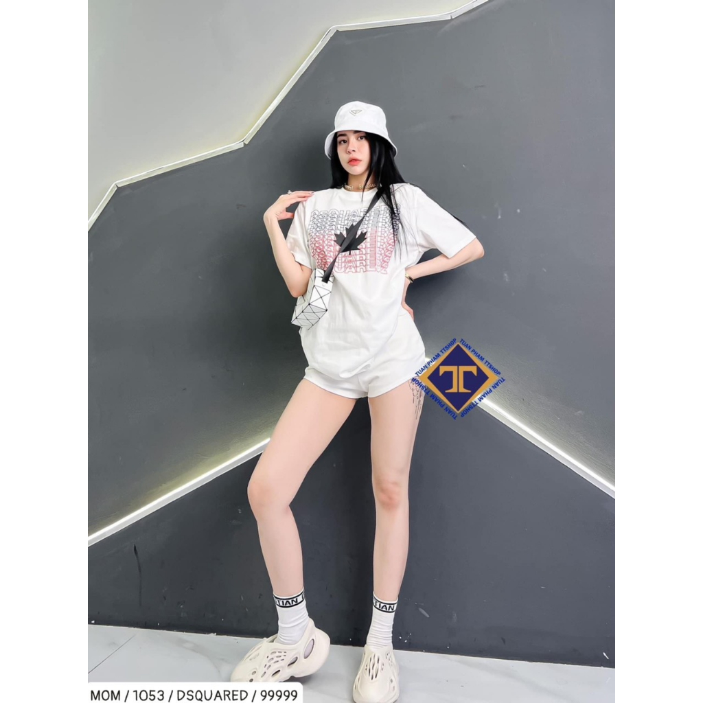 Áo Cộc Tay Nam Nữ In Chữ DSQ2 Nháy Xanh Đỏ Hình Lá Phong Đen Trắng Phong Cách chất cotton co dãn 4 chiều