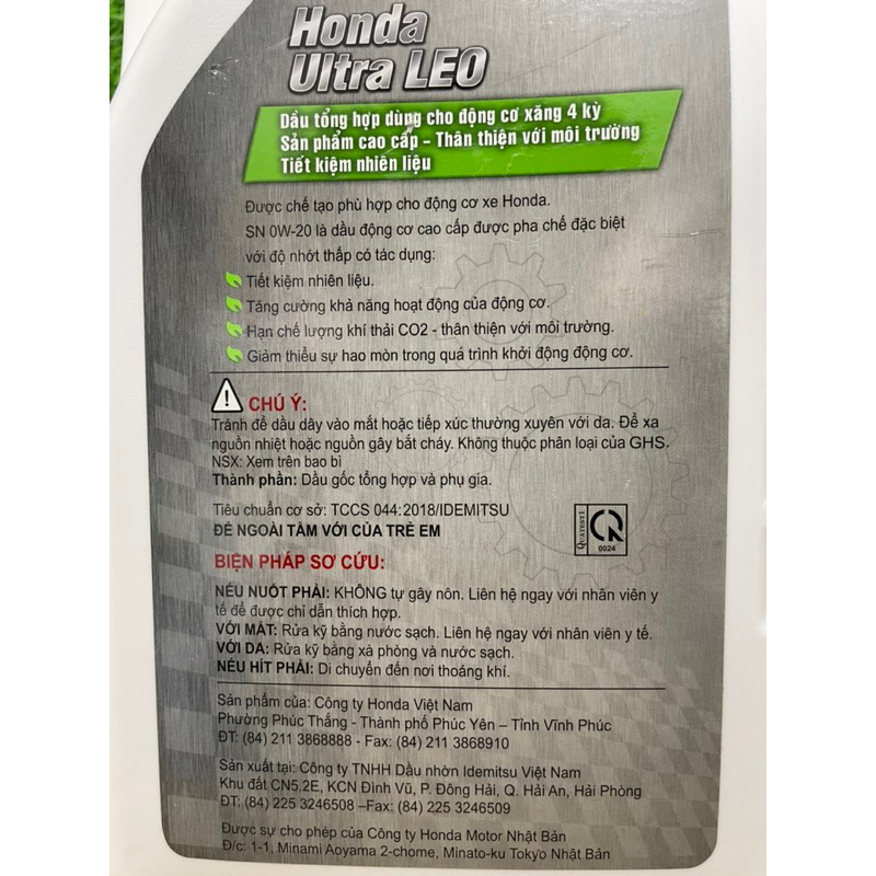 Nhớt động cơ HONDA Ultra LEO 0w20 cao cấp - Nhớt chuyên dùng cho xe Honda