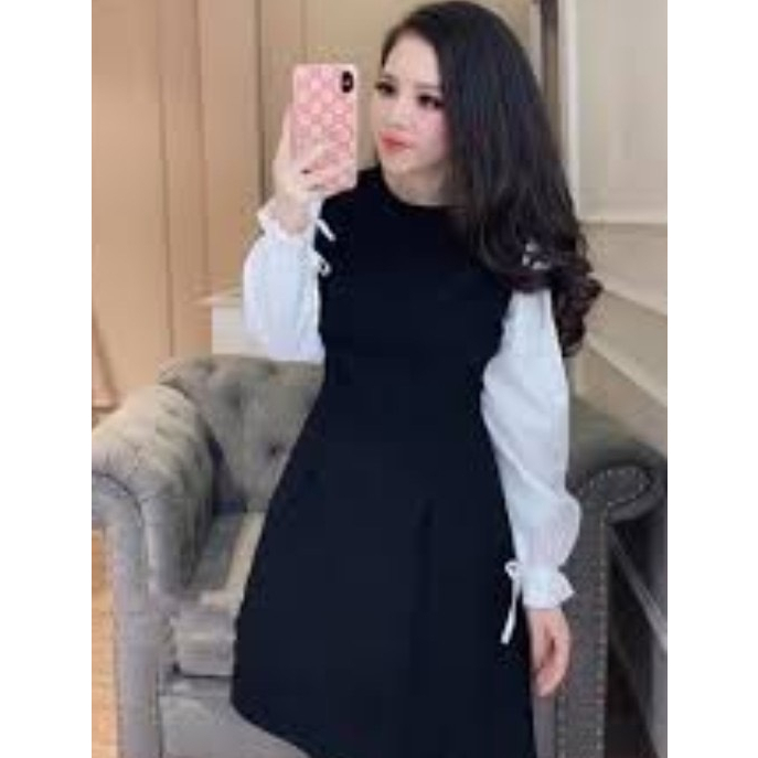 Váy Cổ Yếm Tay Phồng Ulzzang - Váy Kiểu Trắng Đen Tiểu Thư - Váy 3 Tầng Bánh Bèo Xòe Tiểu Thư Tay Dài