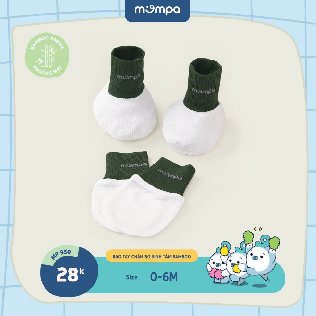 SET bao chân tay mũ sơ sinh Mompa 0 - 6 tháng vải sợi tre bamboo dễ chịu thấm hút mềm mại 929 930