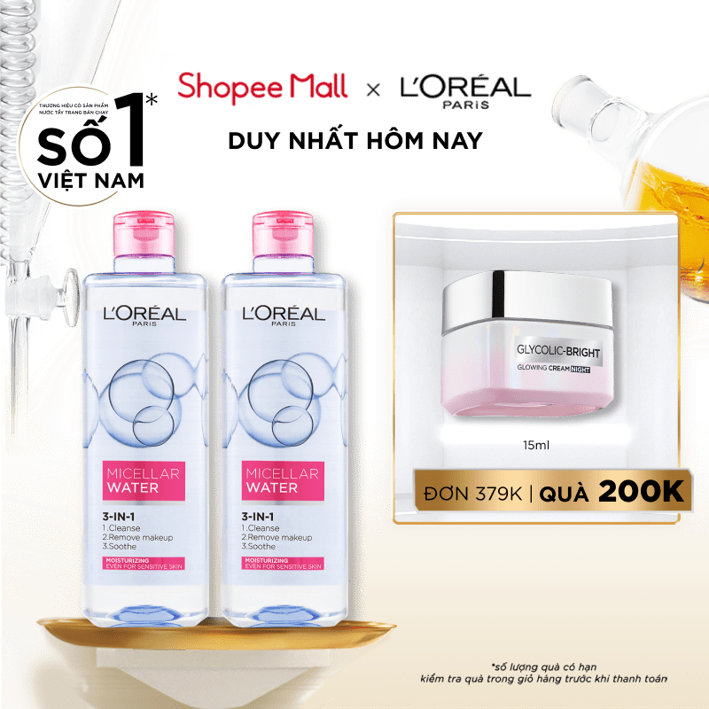 Bộ 2 nước tẩy trang dưỡng ẩm mượt da 3in1 L'Oreal Paris Micellar Water