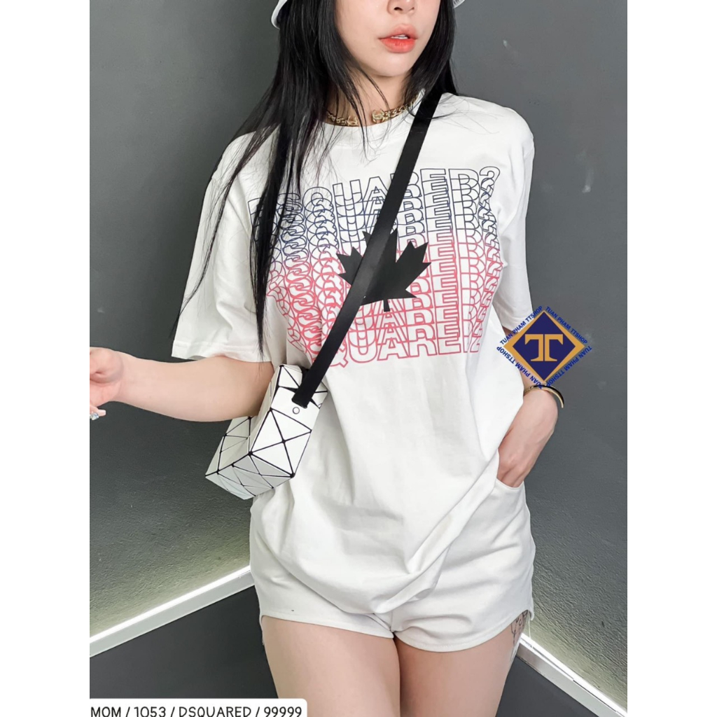 Áo Cộc Tay Nam Nữ In Chữ DSQ2 Nháy Xanh Đỏ Hình Lá Phong Đen Trắng Phong Cách chất cotton co dãn 4 chiều