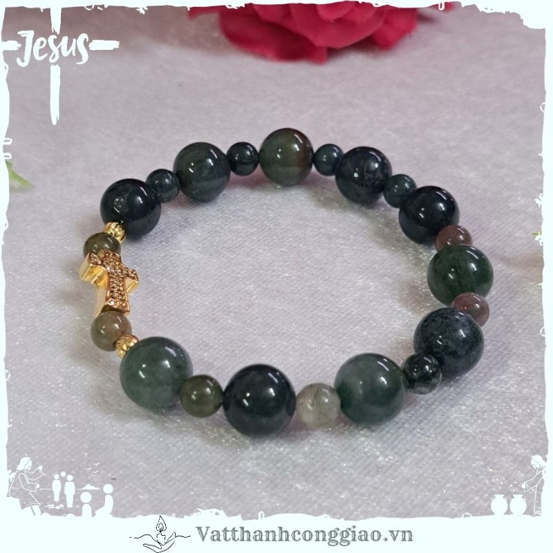 Vòng Tay Mân Côi Vật Phẩm Công Giáo | Mẫu Đá Tư Nhiên Xanh Thẫm 10li  | Thánh Giá Titan