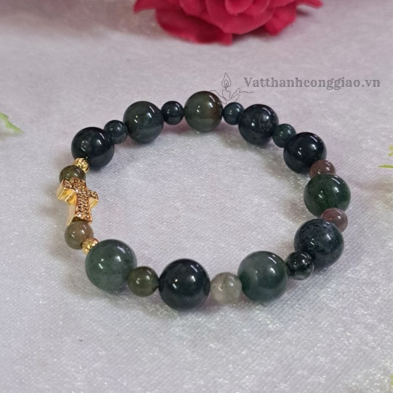 Vòng Tay Mân Côi Vật Phẩm Công Giáo | Mẫu Đá Tư Nhiên Xanh Thẫm 10li  | Thánh Giá Titan