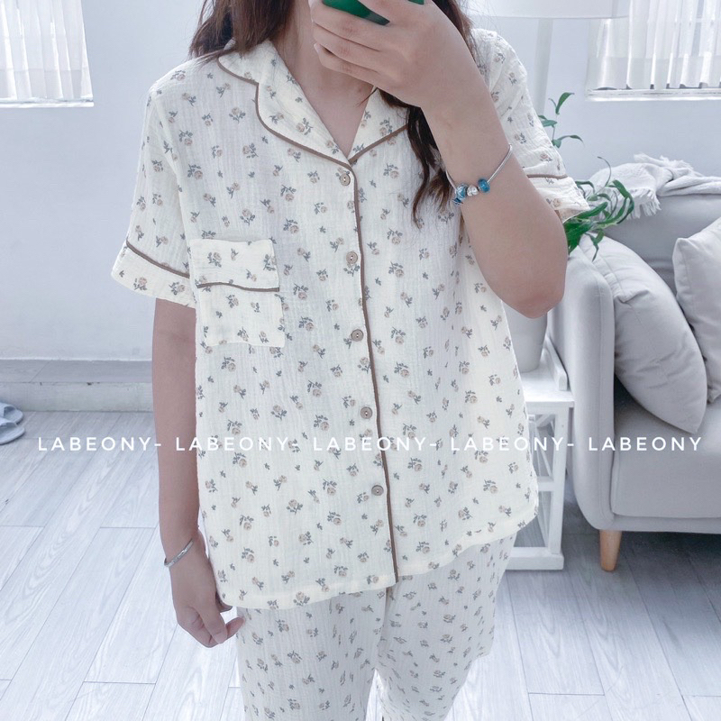 Pyjama đồ mặc nhà đồ bộ nữ hoa hồng xô muslin cao cấp mềm mát Labeony