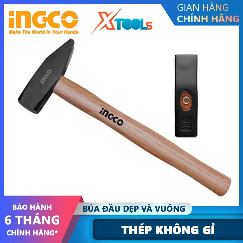 Búa đinh đầu dẹp và vuông cán gỗ INGCO | búa tay cầm gỗ Trọng lượng: 300g-1kg Tay cầm bằng gỗ cứng dùng để gò Xtools