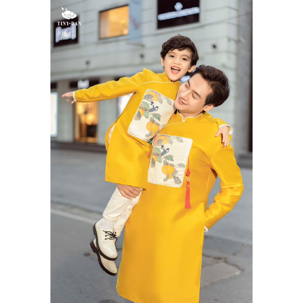 Áo dài cách tân bố con, áo dài truyền thống bé trai, áo dài nam chất tafta cao cấp in hoa văn - AN34