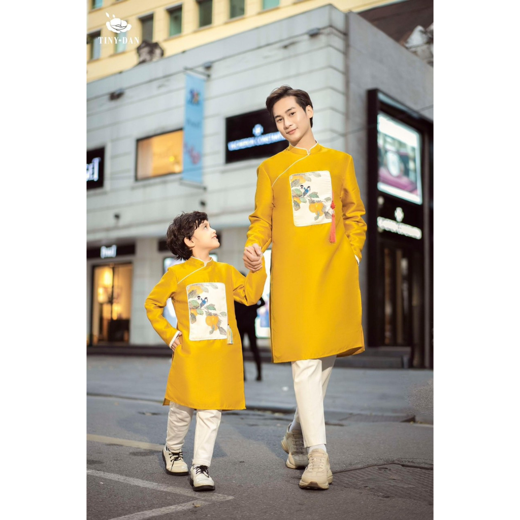 Áo dài cách tân bố con, áo dài truyền thống bé trai, áo dài nam chất tafta cao cấp in hoa văn - AN34