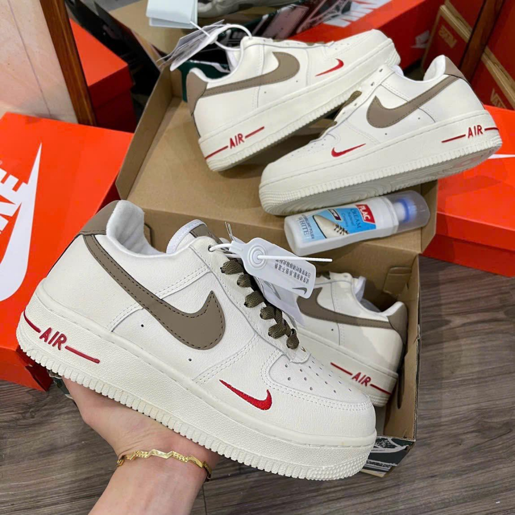 Giày sneaker nike_Trắng AF1 vạch nâu  Hot trend nam nữ, Giày air force 1 full trắng vạch nâu nam nữ cực chất dễ phối đồ