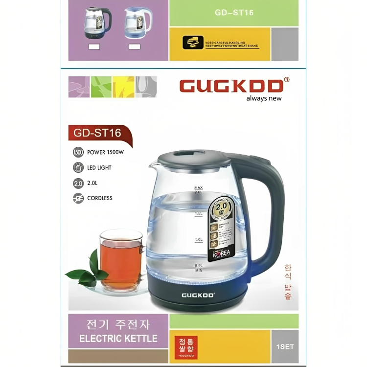 Ấm Siêu Tốc Thủy Tinh Cao Cấp  2.0 L COOKDD GD- ST16, Công suất 1500W, Đun nhanh Sôi, Tự Ngắt Khi Sôi