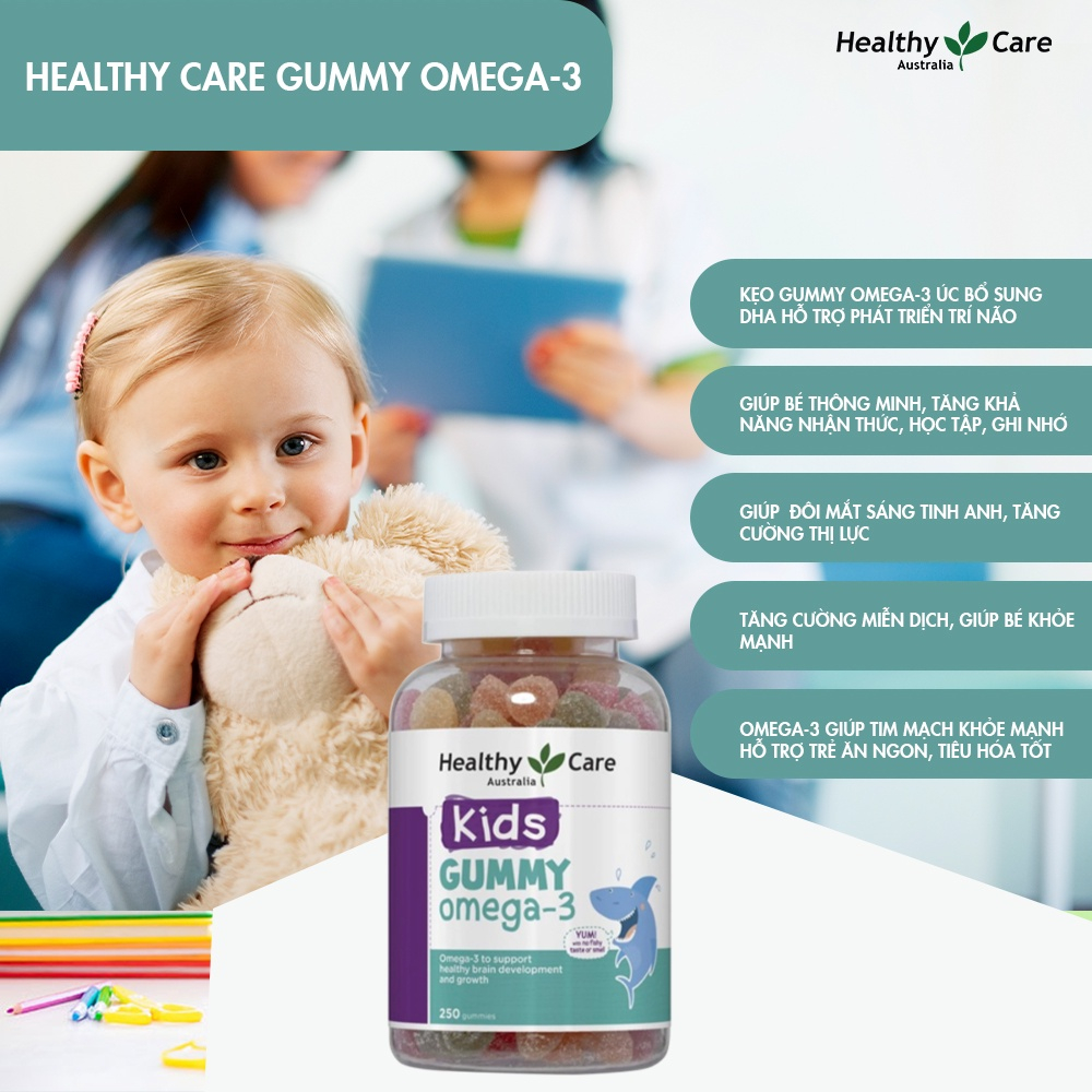 Kẹo dẻo bổ mắt Healthy Care Kids Gummy Omega 3 phát triển trí não cho trẻ từ 2 tuổi 250 viên