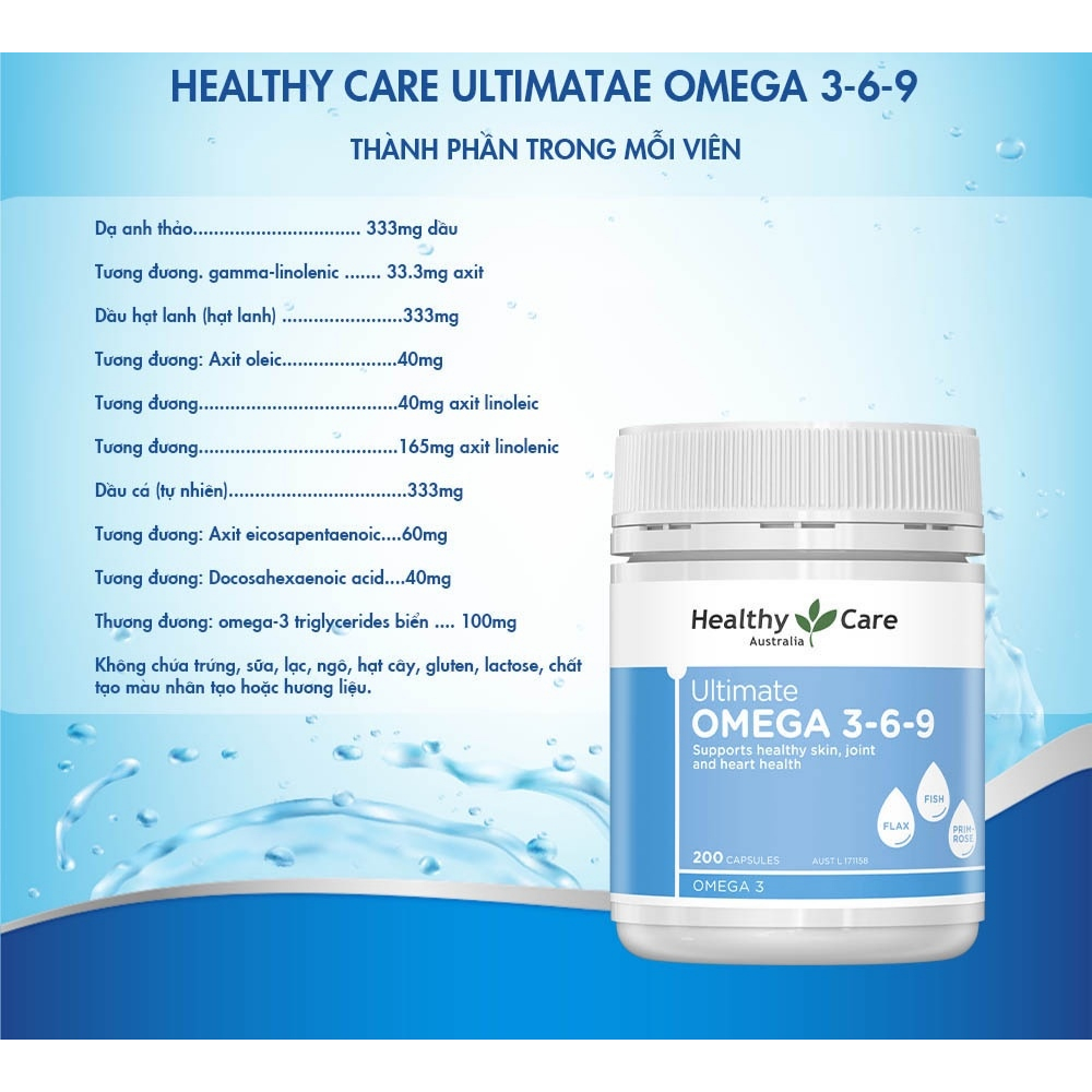 Viên uống giảm mỏi mắt Healthy Care Ultimate Omega 369 hỗ trợ tim mạch huyết áp 200 viên