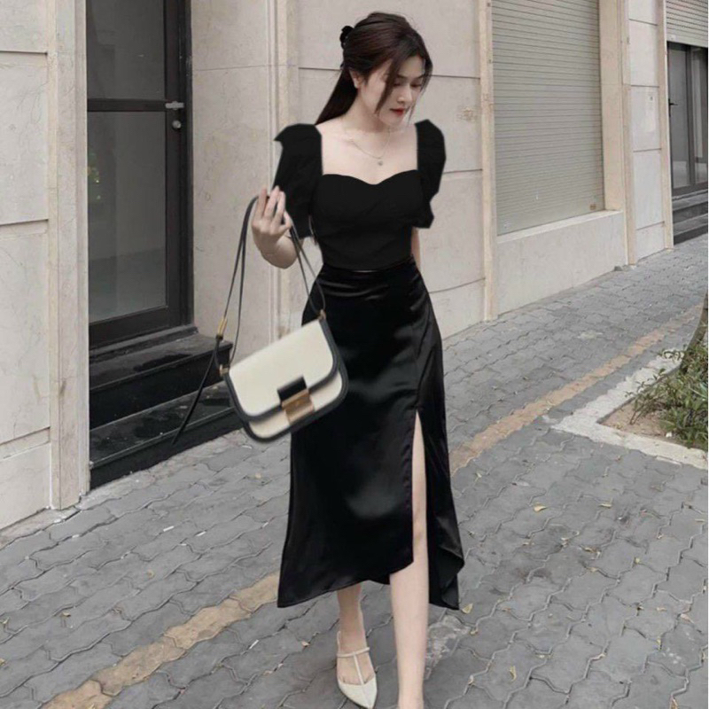 Set tay phồng váy đuôi cá xẻ tà bigsize 50-95kg chất cotton lạnh
