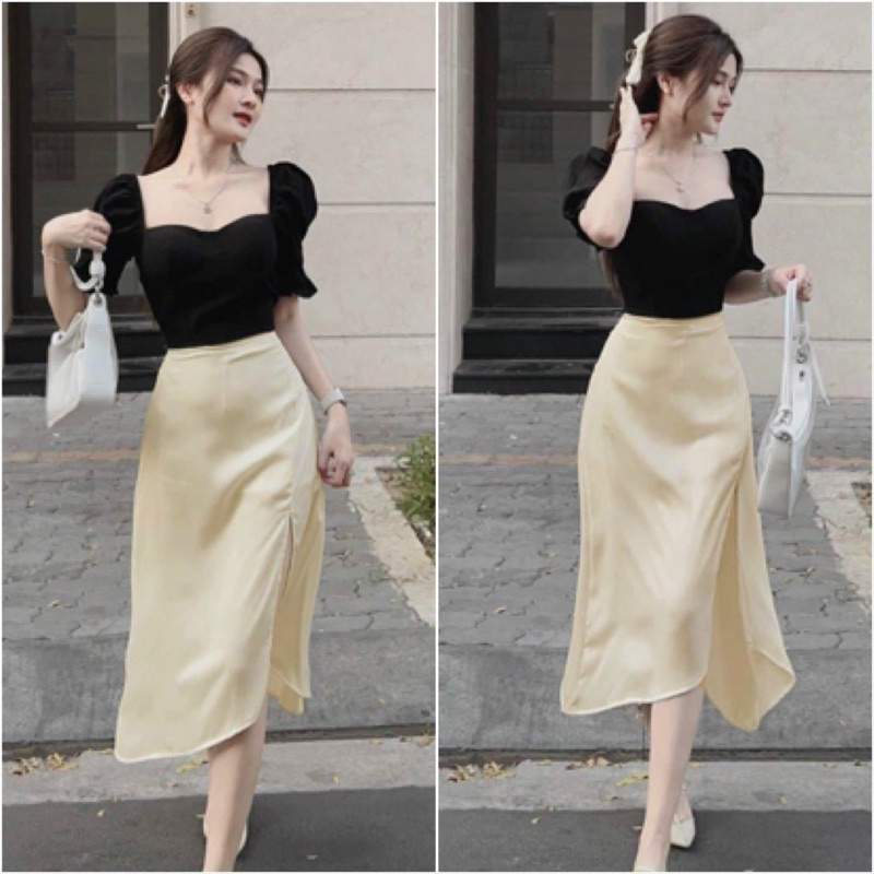 Set tay phồng váy đuôi cá xẻ tà bigsize 50-95kg chất cotton lạnh