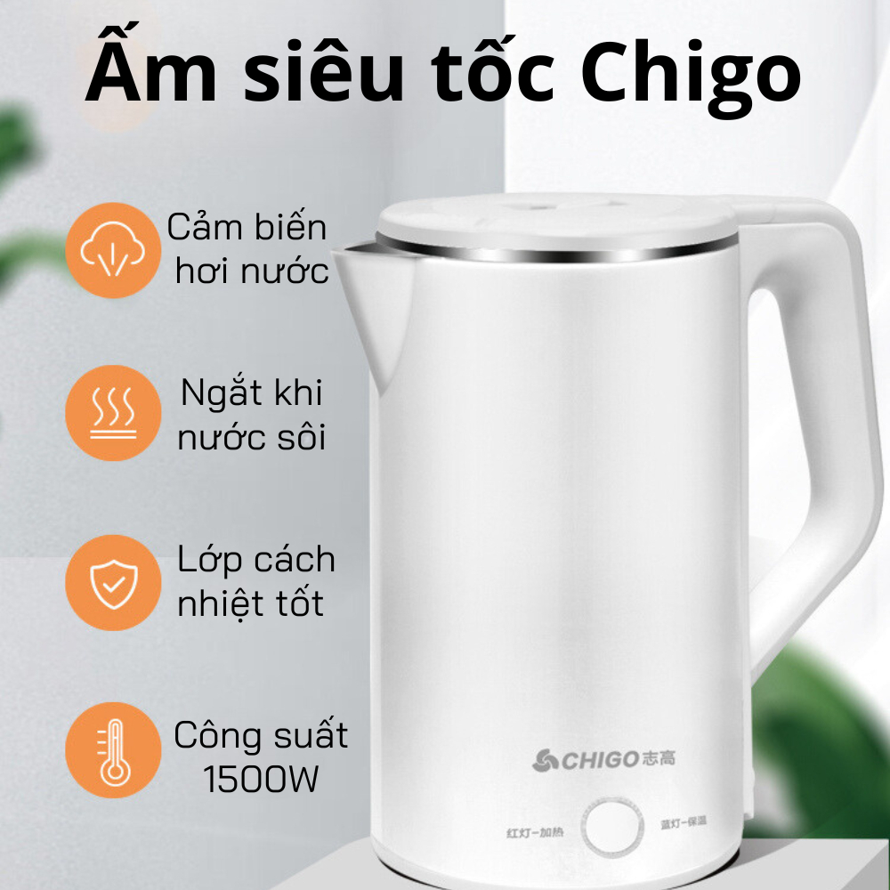 Ấm đun nước giữ nhiệt Chigo dung tích, Ấm siêu tốc công suất 1500w, siêu bền dùng cho gia đình, văn phòng