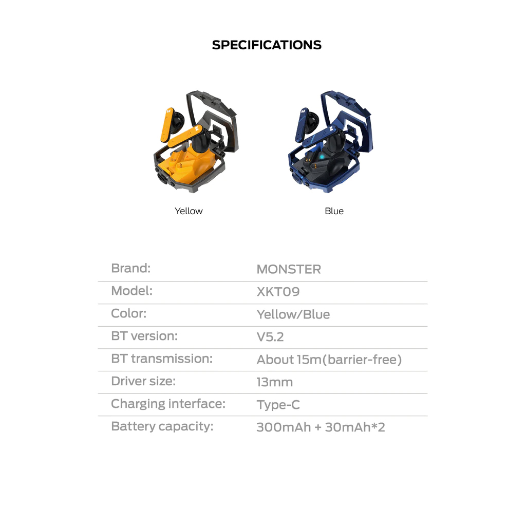 Tai nghe Gaming Bluetooth MONSTER XKT09 V5.2. Giảm tiếng ồn, chống nước IPX4.