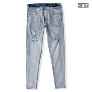 Quần Jeans Nam Rách Light Blue Wash Ripped Slim Tapper Xước Gấu Ống quần ôm chân 1662