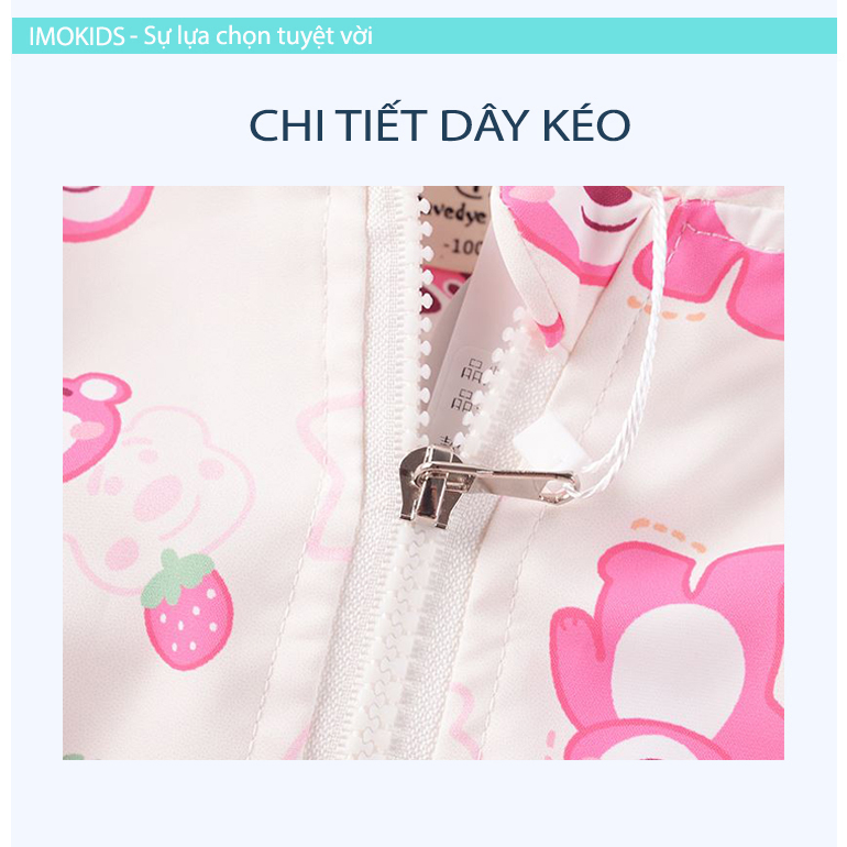 Áo khoác gió bé gái Ravedye Bear 11-23kg áo khoác dù trẻ em 2 lớp chất Poly chống thấm nước nhẹ kín gió có nón có lót