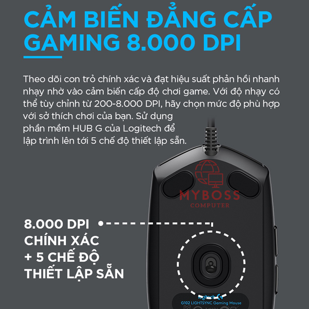 Chuột Gaming Logitech G102 Gen2 Lightsync - Cảm Biến 8000 DPI, Tùy chỉnh RGB, 6 Nút Lập Trình, BH 24 Tháng Chính Hãng